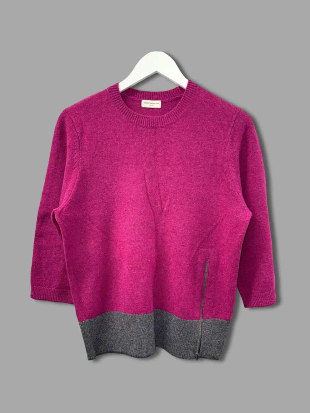DRIES VAN NOTEN Pink Grey Alpaca Wool Side Zip 3/4 Sleeves Sweater Sz S